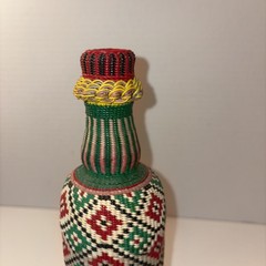 Vintage Viresa Scoubidou Wine Bottle & Cap Plastic Woven Wicker Spain Colorful