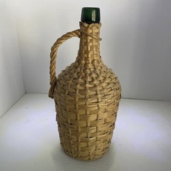 Vintage Large Green Glass Woven Wicker Demijohn Bottle, Carboy With Handle, 12”