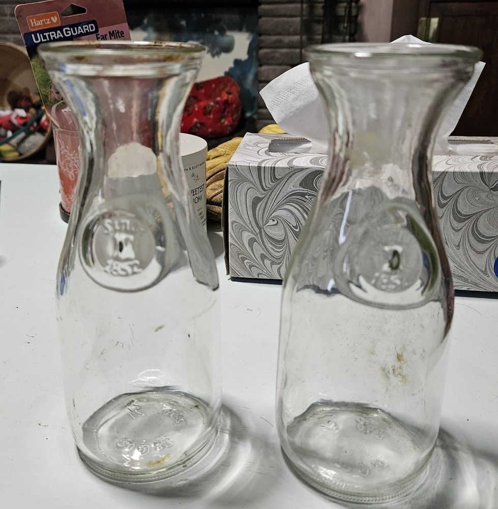 2 Clear Glass Wine Carafes 9.75&Prime; Dented Bottom Paul Masson Vintage Collectible