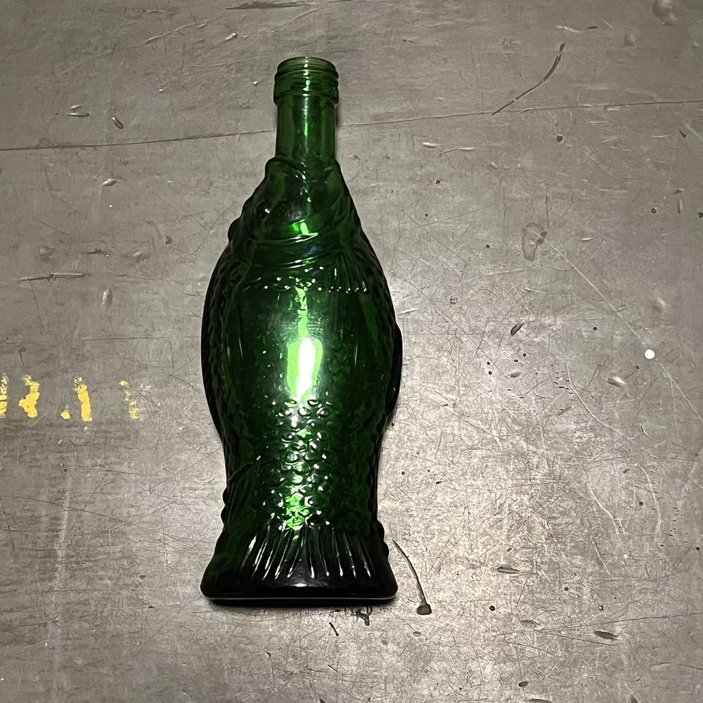 Green fish glass bottle 8in coastal nautical décor beach bar display piece TR8