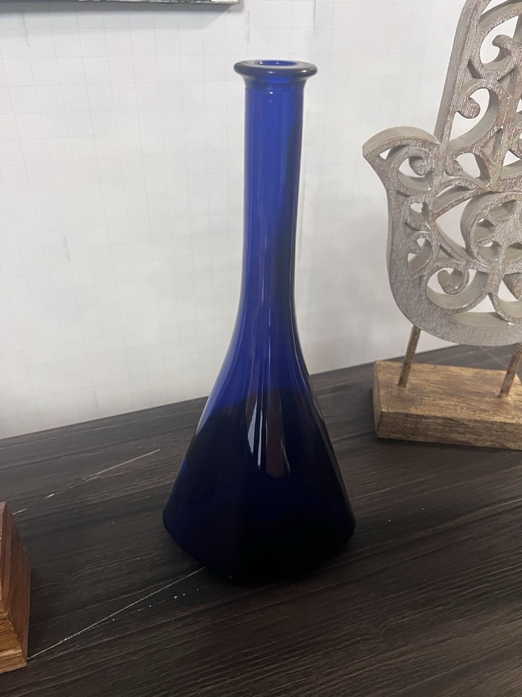 Vintage Cobalt Blue Glass Wine Bottle Vase Decor 14&Prime; Tall Hand Blown Style