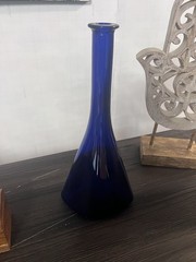 Vintage Cobalt Blue Glass Wine Bottle Vase Decor 14&Prime; Tall Hand Blown Style