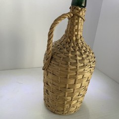 Vintage Large Green Glass Woven Wicker Demijohn Bottle, Carboy With Handle, 12”