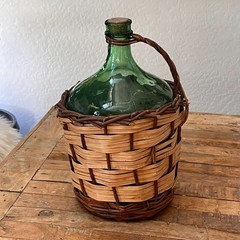Vintage Demijohn Wine Bottle With Wicker Basket 14&Prime; Emerald Green Glass