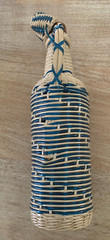 Vintage 1970s FRENCH WICKER-WRAP WINE BOTTLE Parisian Blue/Cream Plastic Vintner