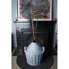 Carboy Demijohn Green Glass Wine Bottle In Blue Wicker Basket Vintage