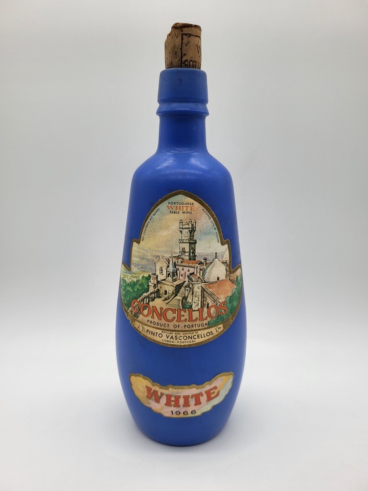 Vintage 1966 Concellos Portuguese White Wine Bottle Blue Opaque Painted Glass 9&Prime;