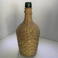 Vintage Large Green Glass Woven Wicker Demijohn Bottle, Carboy With Handle, 12”
