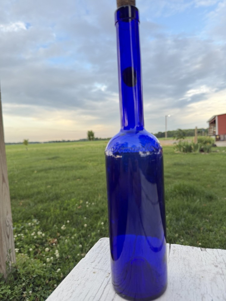 Cobalt Blue Glass Wine Bottle w/ Cork, Embossed“ Tomasello Winery”