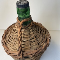 Vtg Wicker Wrapped Demijohn De Muller Spain Green Glass Wine Bottle 13” h x 9” w