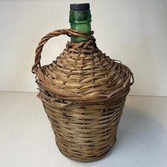 Vtg Wicker Wrapped Demijohn De Muller Spain Green Glass Wine Bottle 13” h x 9” w