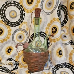 Vintage Blown Glass Green Wine Bottle Wicker Basket Ice Pocket EVC
