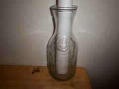 Clear-blue/green Glass Wine Carafe 10&Prime; Vtg Paul Masson Since 1852, bldg on front