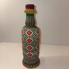 Vintage Viresa Scoubidou Wine Bottle & Cap Plastic Woven Wicker Spain Colorful