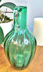 Vintage MCM Mid Century Blown Glass Wine Bottle Decanter Jug Green W/Handle