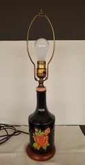 Wine Bottle Lamp Vintage Mogen David w/Star and Rose Decal Dark Bottle Wood Base