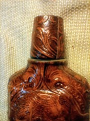 Vintage Spanish Leather Covered Liquor Bottle Flask Spain Embossed Man&rsquo;s Head