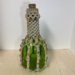 VTG MCM Macrame Green Glass Bottle Wood Beads Boho 12” Retro 70s Genie