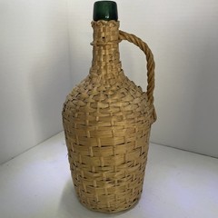 Vintage Large Green Glass Woven Wicker Demijohn Bottle, Carboy With Handle, 12”