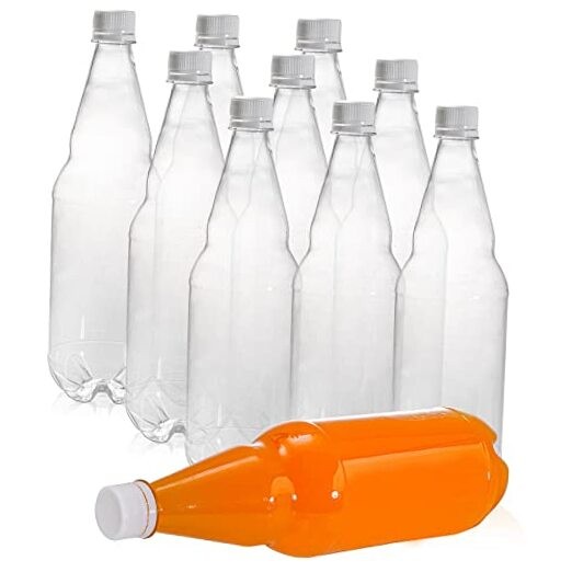 10 Pcs 33 oz Plastic Soda Bottles with Caps, 1L Disposable Long Neck Wine
