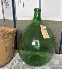 Antique Italian 26” Demijohn Wine Jug Large Demigiana Green Glass W/ Tag Rustic
