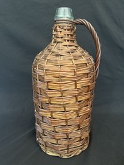 Antq Wicker Wrapped Aqua Glass Demijohn Wine Bottle 15” Tall French Farmhouse