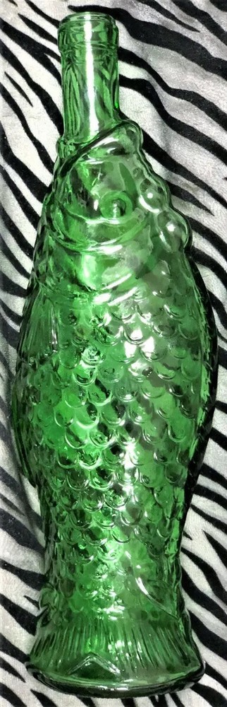 1 Green Pressed Glass Fish Shaped Wine Bottle (empty) 13 in. Tall, 5 in wide