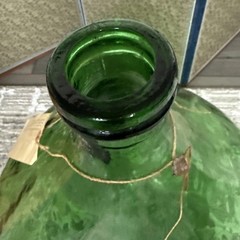 Antique Italian 26” Demijohn Wine Jug Large Demigiana Green Glass W/ Tag Rustic