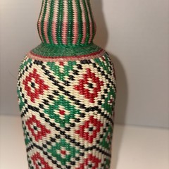 Vintage Viresa Scoubidou Wine Bottle & Cap Plastic Woven Wicker Spain Colorful