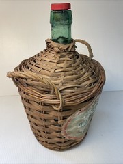 Vtg Wicker Wrapped Demijohn Label DALMAU Spain Green Glass Wine Bottle 13” tall