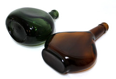 Vintage Glass Wine Bottles Brown Amber Flask & Green Mateus Set 2