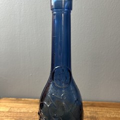 VTG Cobalt Blue European Wine Bottle With Embossed Grapes And Leaves 12” X 3.25”