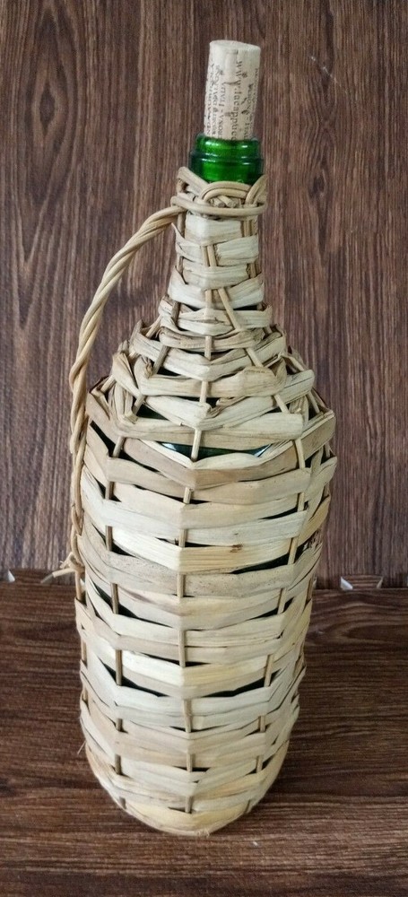 WINE BOTTLE WICKER BASKET Green Bottle with cork Italy Vintage empty