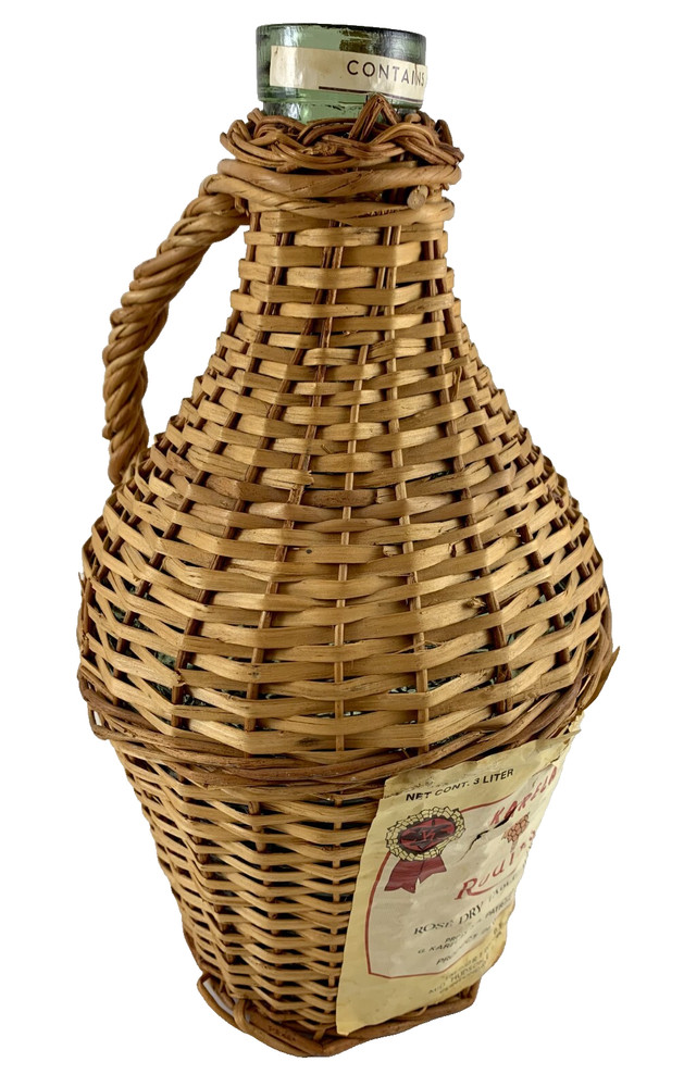 Vintage Green Glass Demijohn Wine Bottle Jug Wicker Wrap Greece Roditis 3Liter