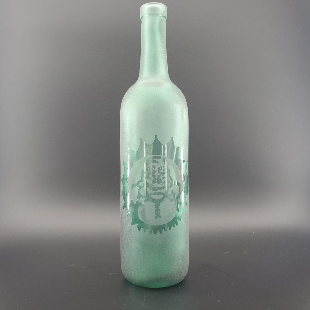 Frosted Green Glass Bottle Bong w/ Lucky Buddha Etched & Hole in Back 12&Prime;inx3&Prime;in