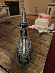 Vintage Elaborate Silvered Copper Wire Filigree Wrapped Green Bottle