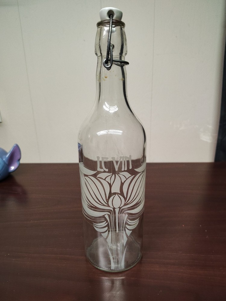 LE VIN Vintage French Wine Glass Bottle With Porcelain Stopper; ART NOUVEAU