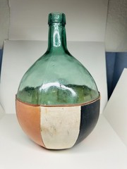 Mid-century Viresa Spain 5L Glass Green Demijohn Bottle Wine Leather Wrap READ