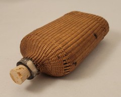 Vintage Finely Woven Wicker Wrapped Glass Flask with Cork