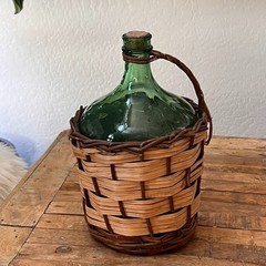 Vintage Demijohn Wine Bottle With Wicker Basket 14&Prime; Emerald Green Glass