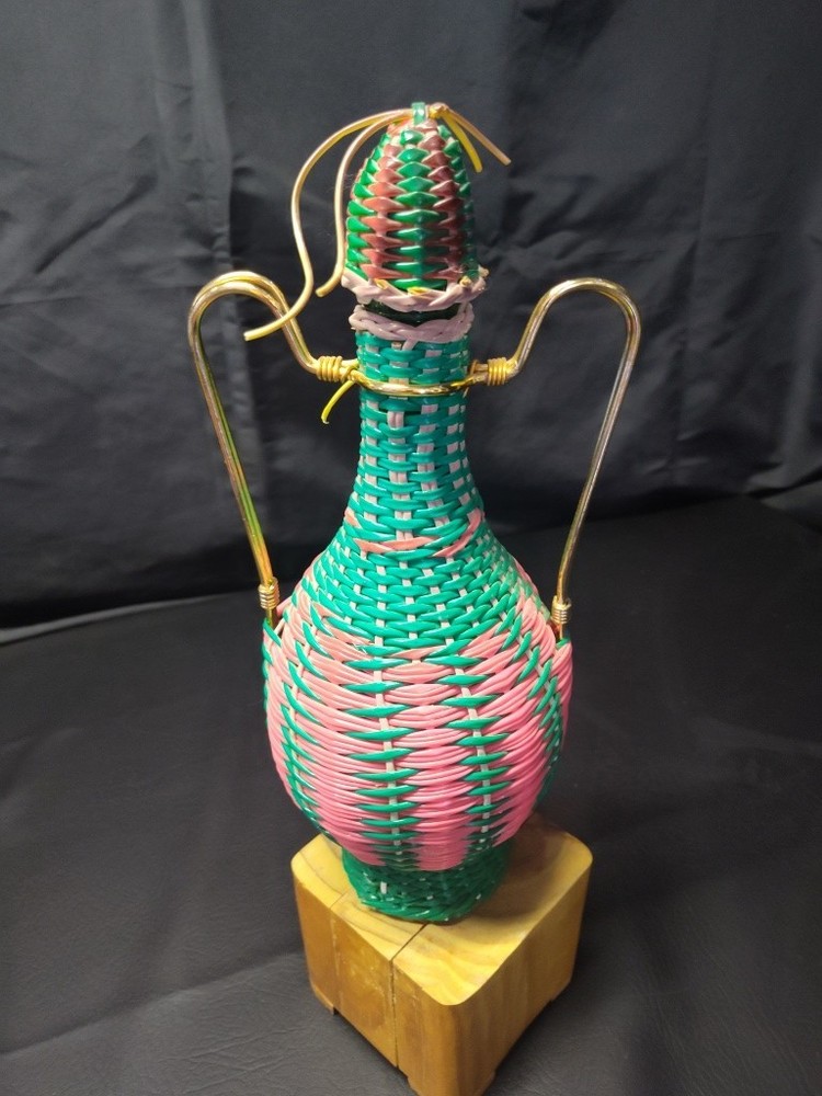MCM Viresa Plastic Woven Wicker Wine Bottle Jug with Double Handle Empty