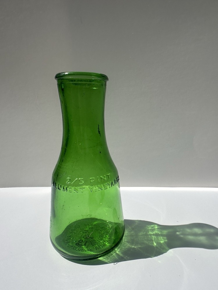 Vintage M LAMONT VINEYARDS 2/5 Pint Green Glass Empty Wine Cruets Bottles.