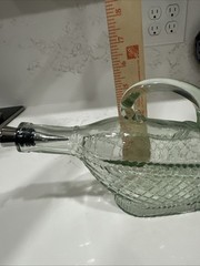 Vintage Wine Bottle Decanter Basket Pattern Greenish Hue With Deer Stopper