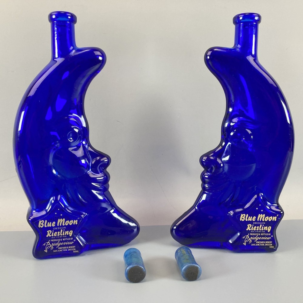 Cobalt Blue Man in the Moon Face Wine Bottle Bridgeview Winery Oregon Riesling