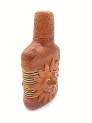 Liquor Bottle Decanter Jug Art Face Handcrafted Leather Look Double sided Sun