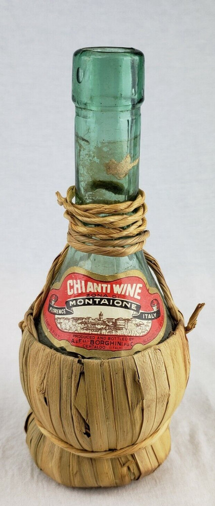 Vintage CHIANTI WINE Bottle BORGHINI Label Wicker Wrapped Green Glass 1/2 Pint