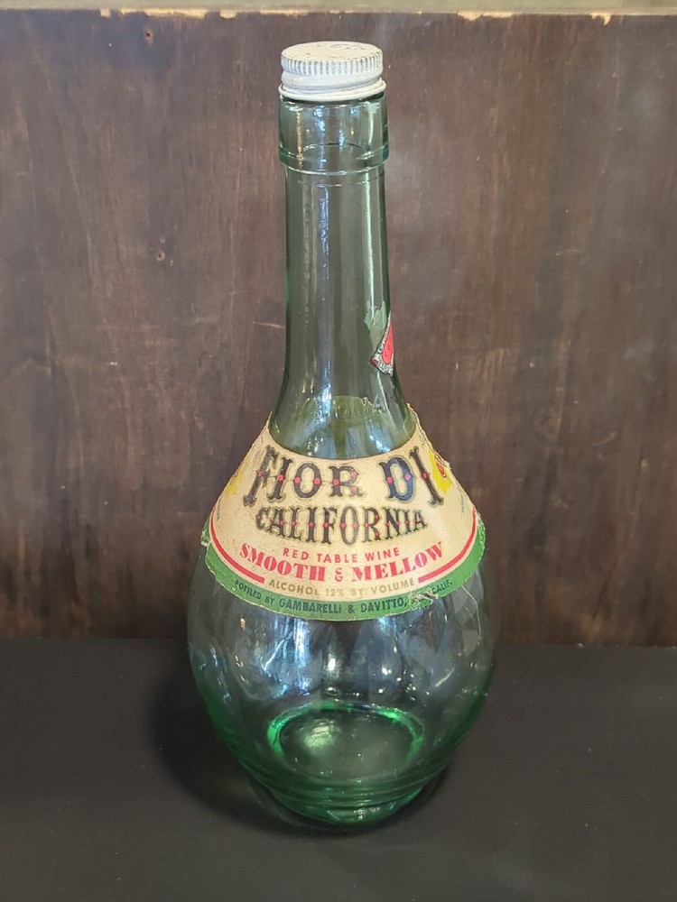 Vintage Green Glass Wine Bottle Red Fior Di California Paper Label Round *LOOK*