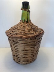Vtg Wicker Wrapped Demijohn De Muller Spain Green Glass Wine Bottle 13” h x 9”w*