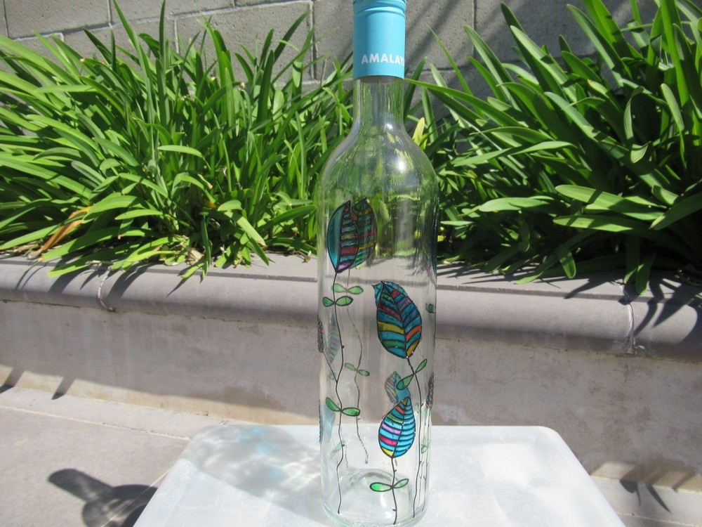 Hand Painted Empty Clear Wine Bottle, Leaves Shades of Blue, Green and Purple