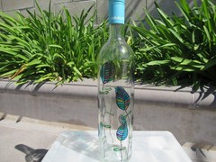 Hand Painted Empty Clear Wine Bottle, Leaves Shades of Blue, Green and Purple